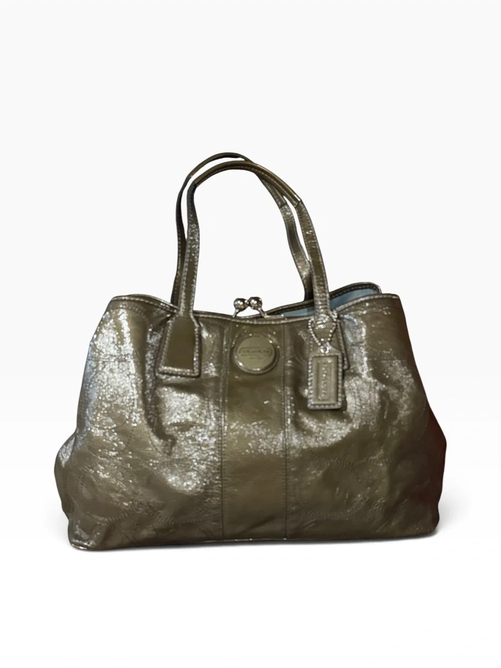 Coach Poppy Glam Tote F15658 Metallic Olive Patent Leather Kisslock Shoulder Bag